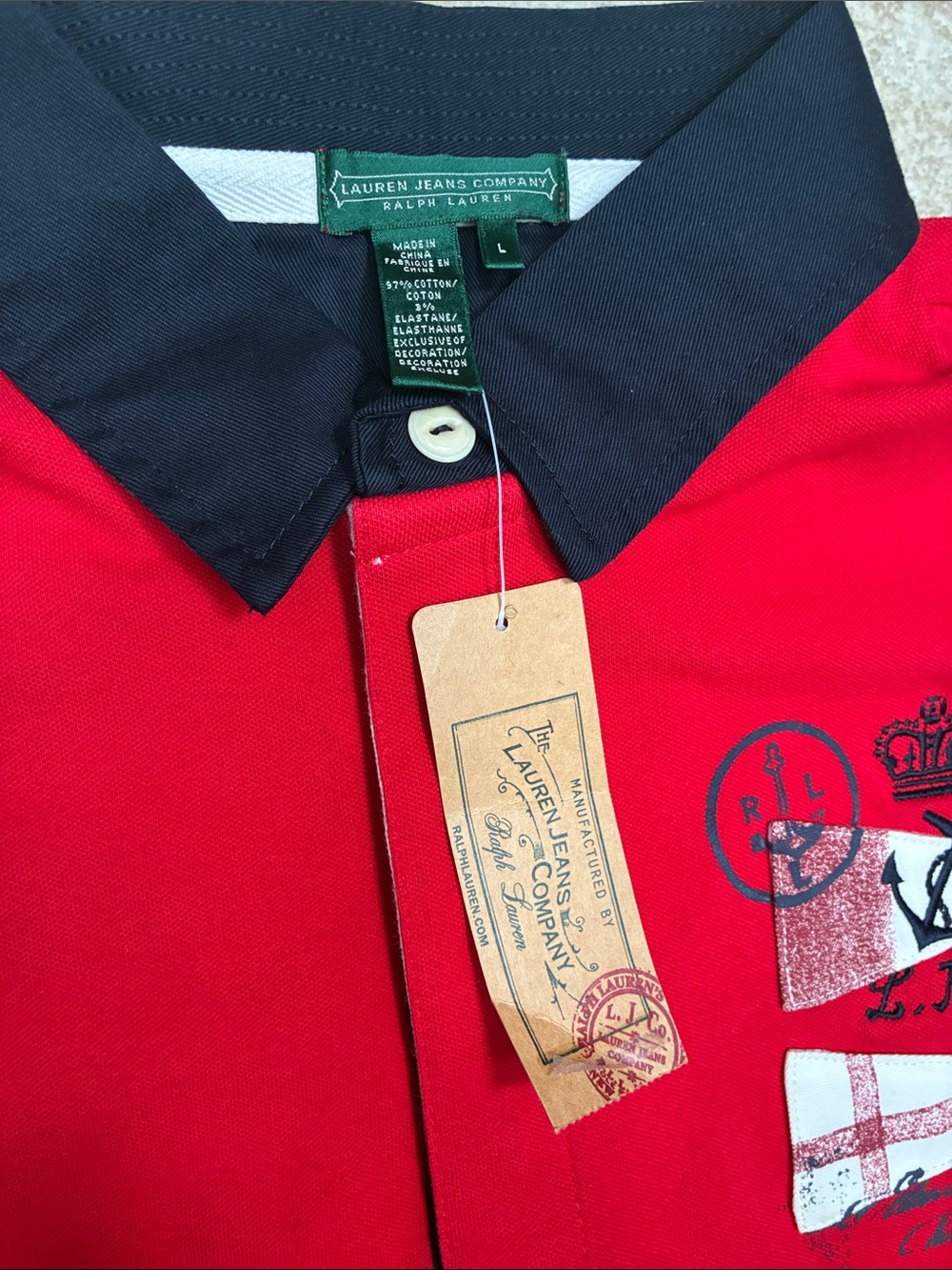 Lauren Ralph Lauren Red Polo Button-Down with Black Collar and Crest - Picture 2 of 7